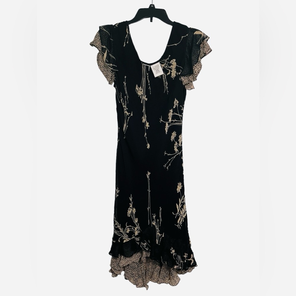 Vintage Phool 1990s Ruffle Sleeve Black Floral Dress Size Medium